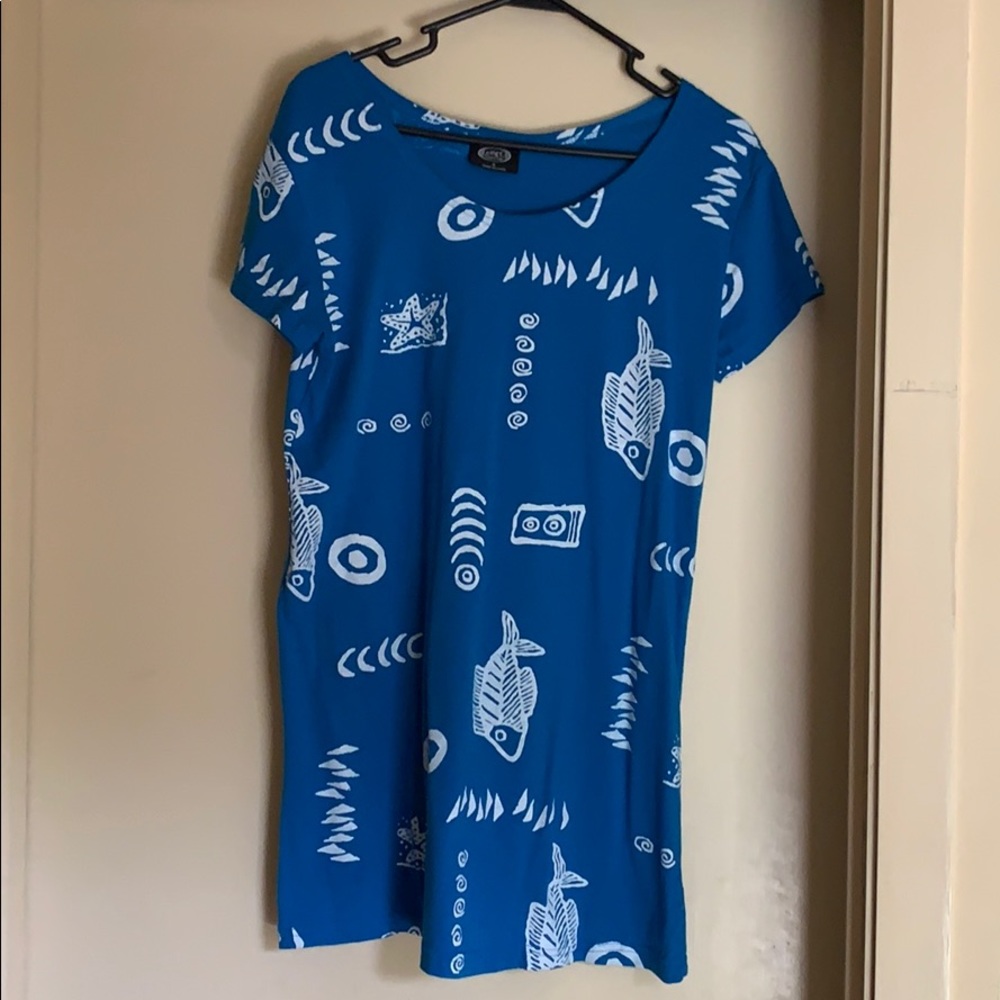 Blue hieroglyphic T-shirt mini dress/coverup